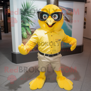 Lemon Yellow Falcon mascot costume character dressed with a Henley Tee and Pocket squares