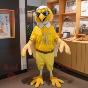 Lemon Yellow Falcon mascot costume character dressed with a Henley Tee and Pocket squares