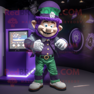Purple Leprechaun Hat mascot costume character dressed with a Rugby Shirt and Smartwatches