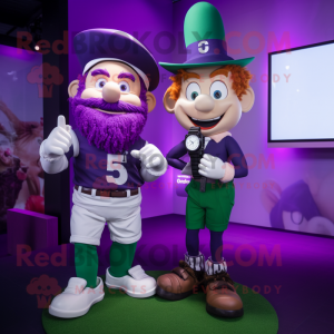 Purple Leprechaun Hat mascot costume character dressed with a Rugby Shirt and Smartwatches