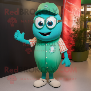 Turquoise Green Bean mascot costume character dressed with a Baseball Tee and Eyeglasses