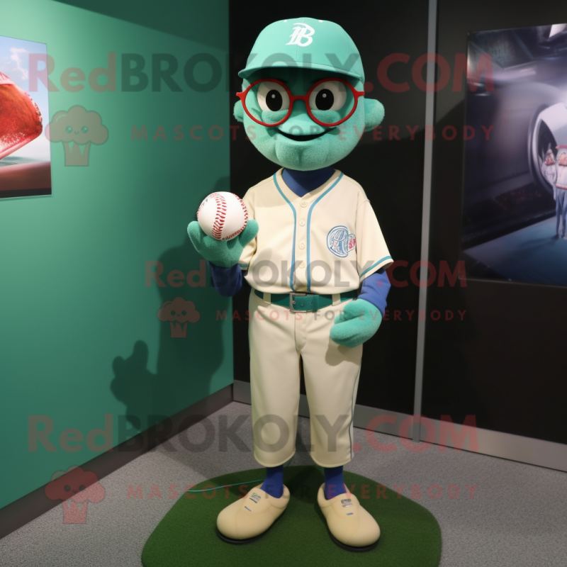 Turquoise Green Bean mascot costume character dressed with a Baseball Tee and Eyeglasses Turquoise Green Bean mascot costume character dressed with a Baseball Tee and Eyeglasses