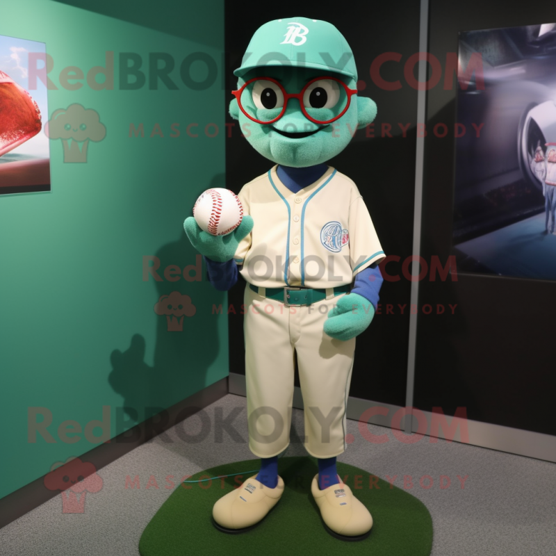 Turquoise Green Bean mascot costume character dressed with a Baseball Tee and Eyeglasses