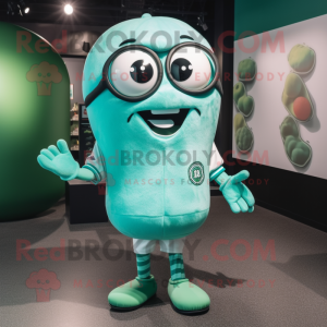 Turquoise Green Bean mascot costume character dressed with a Baseball Tee and Eyeglasses