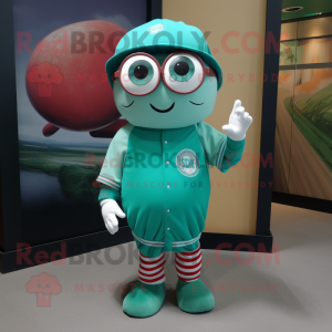 Turquoise Green Bean mascot costume character dressed with a Baseball Tee and Eyeglasses