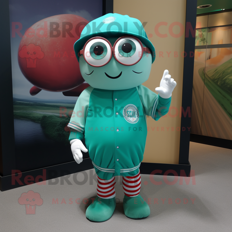 Turquoise Green Bean mascot costume character dressed with a Baseball Tee and Eyeglasses Turquoise Green Bean mascot costume character dressed with a Baseball Tee and Eyeglasses