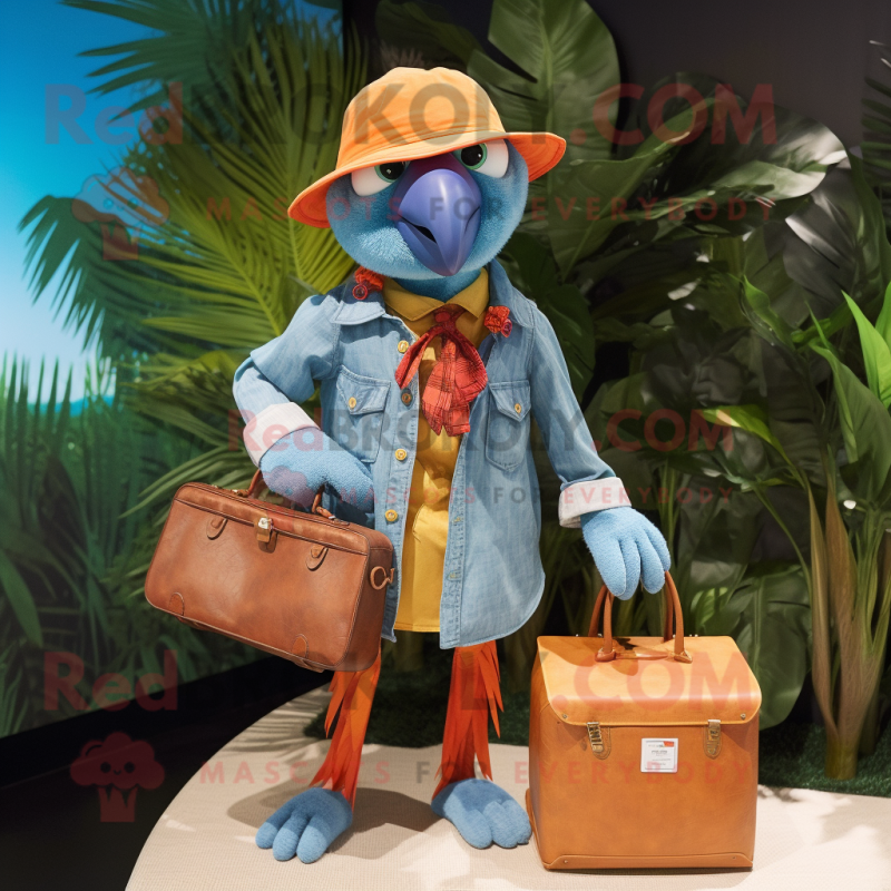 Orange Parrot mascot costume character dressed with a Chambray Shirt and Handbags