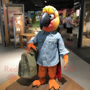 Orange Parrot mascot costume character dressed with a Chambray Shirt and Handbags