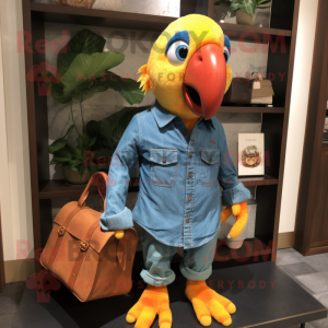 Orange Parrot mascot costume character dressed with a Chambray Shirt and Handbags