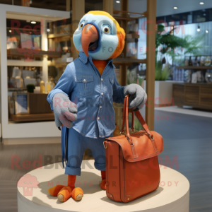 Orange Parrot mascot costume character dressed with a Chambray Shirt and Handbags