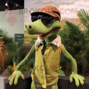 Olive Coelophysis mascot costume character dressed with a Long Sleeve Tee and Sunglasses