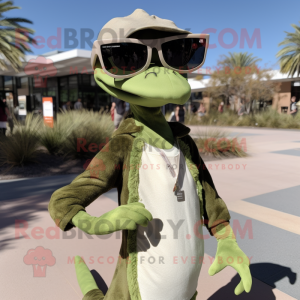 Olive Coelophysis mascot costume character dressed with a Long Sleeve Tee and Sunglasses