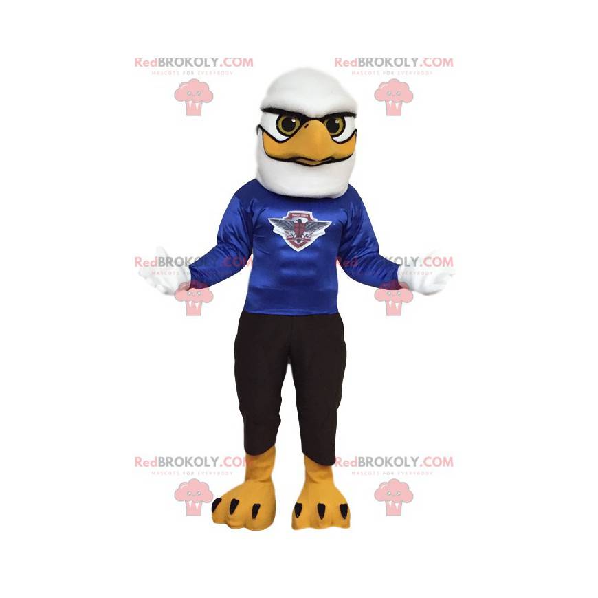 Mascot águila blanca con un jersey azul. Disfraz de águila -