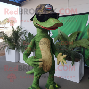 Olive Coelophysis mascot costume character dressed with a Long Sleeve Tee and Sunglasses