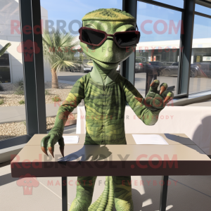 Olive Coelophysis mascot costume character dressed with a Long Sleeve Tee and Sunglasses