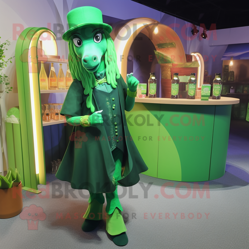 Green Horseshoe mascot costume character dressed with a Cocktail Dress and Wallets Green Horseshoe mascot costume character dressed with a Cocktail Dress and Wallets