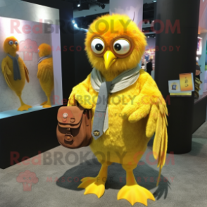 Yellow Harpy mascot costume character dressed with a Cardigan and Coin purses