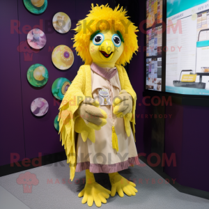 Yellow Harpy mascot costume character dressed with a Cardigan and Coin purses