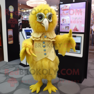 Yellow Harpy mascot costume character dressed with a Cardigan and Coin purses