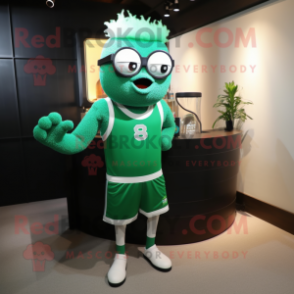 Green Champagne mascot costume character dressed with a Tank Top and Eyeglasses