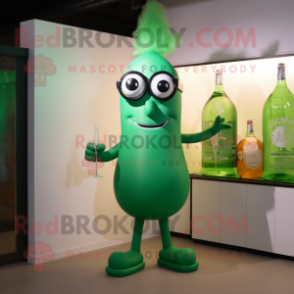 Green Champagne mascot costume character dressed with a Tank Top and Eyeglasses