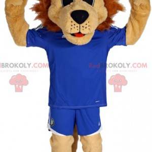 Löwenmaskottchen in Fußballausrüstung. Löwenkostüm -