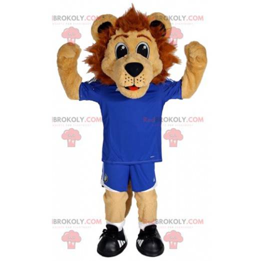 Mascote do leão em equipamento de futebol. Fantasia de leão -
