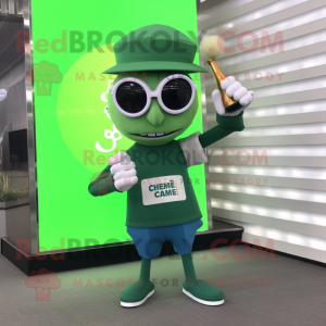 Green Champagne mascot costume character dressed with a Tank Top and Eyeglasses