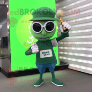Green Champagne mascot costume character dressed with a Tank Top and Eyeglasses