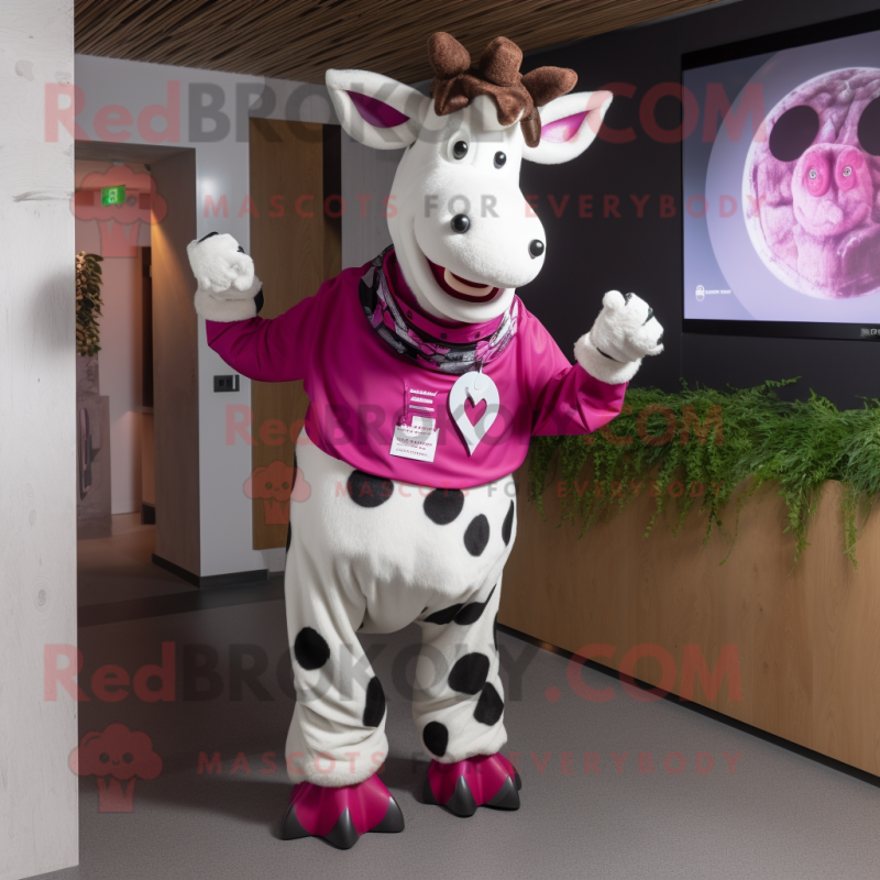 Magenta Holstein Cow mascot costume character dressed with a Chinos and Bracelets