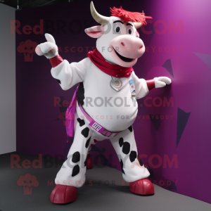 Magenta Holstein Cow mascot costume character dressed with a Chinos and Bracelets