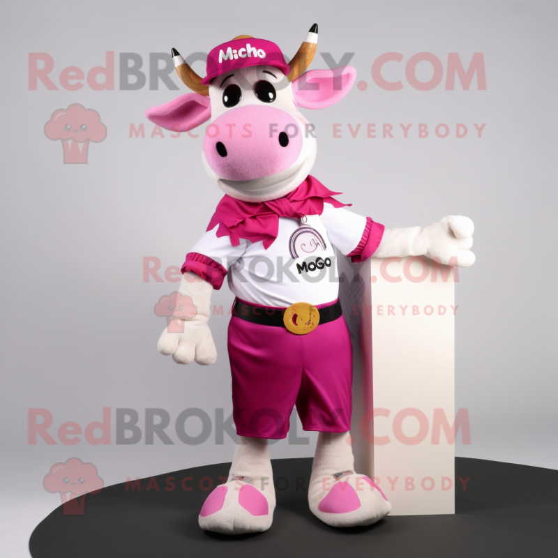 Magenta Holstein Cow mascot costume character dressed with a Chinos and Bracelets