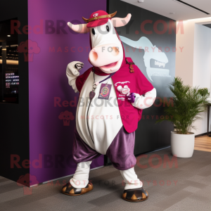 Magenta Holstein Cow mascot costume character dressed with a Chinos and Bracelets