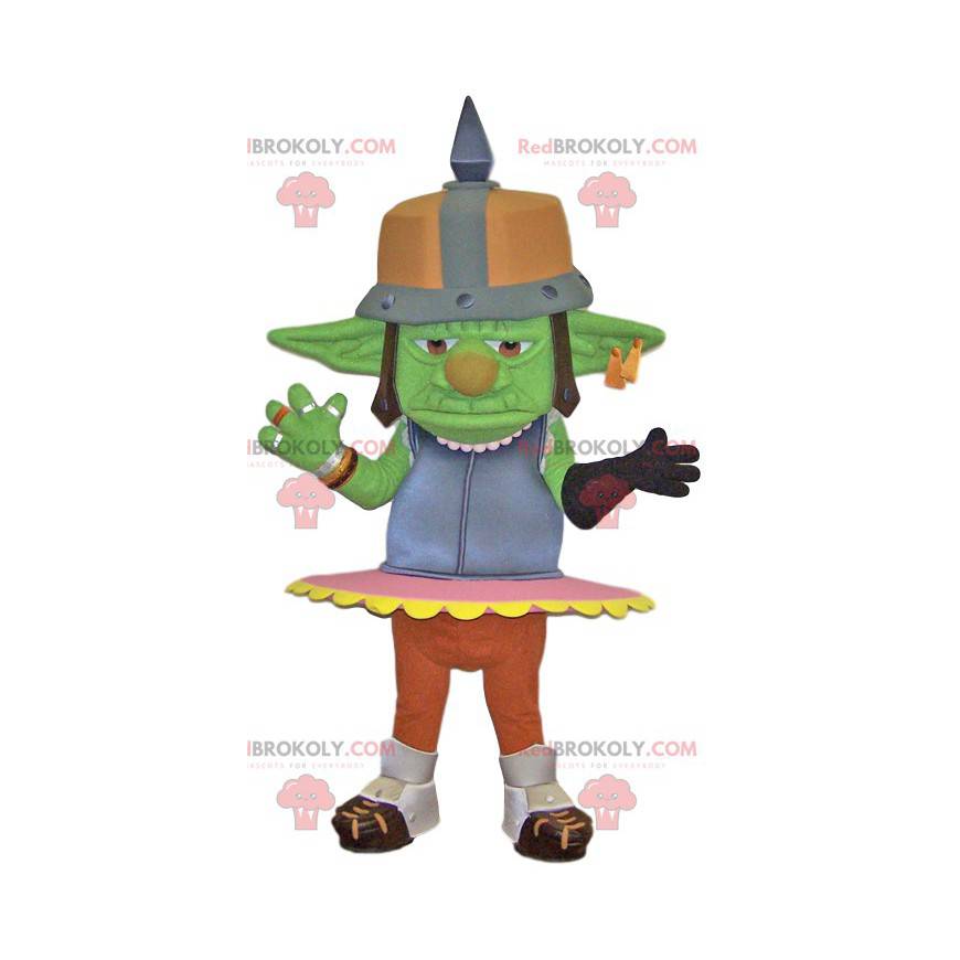 Mascot green troll with a metal helmet. Troll costume -