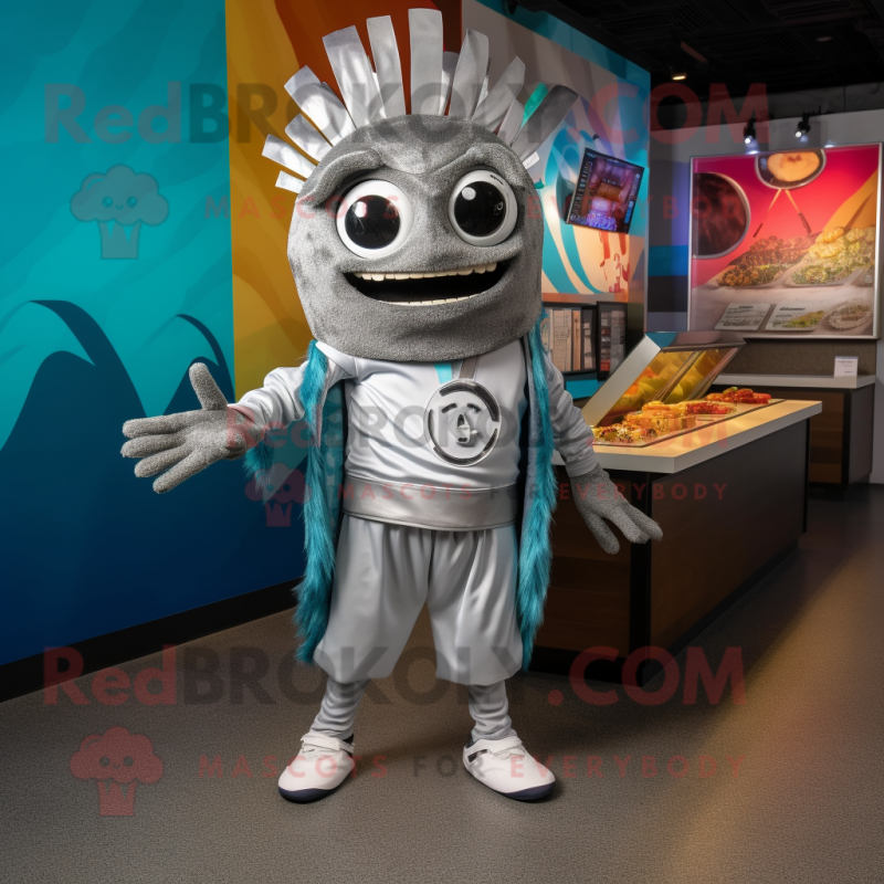 Silver Tacos mascot costume character dressed with a Capri Pants and Bracelets