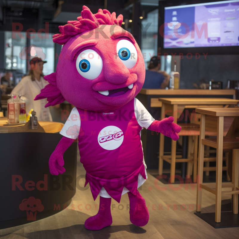 Magenta Fish And Chips mascot costume character dressed with a Running Shorts and Ties