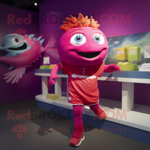 Magenta Fish And Chips mascot costume character dressed with a Running Shorts and Ties