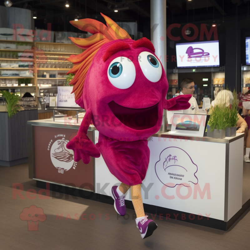 Magenta Fish And Chips mascot costume character dressed with a Running Shorts and Ties