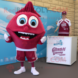 Magenta Fish And Chips mascot costume character dressed with a Running Shorts and Ties