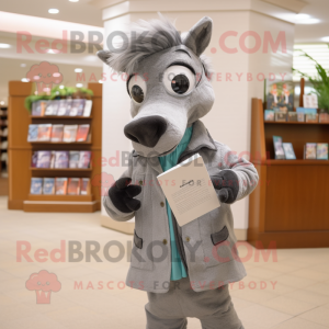 Gray Mare mascot costume character dressed with a Jacket and Reading glasses