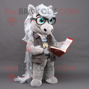 Gray Mare mascot costume character dressed with a Jacket and Reading glasses