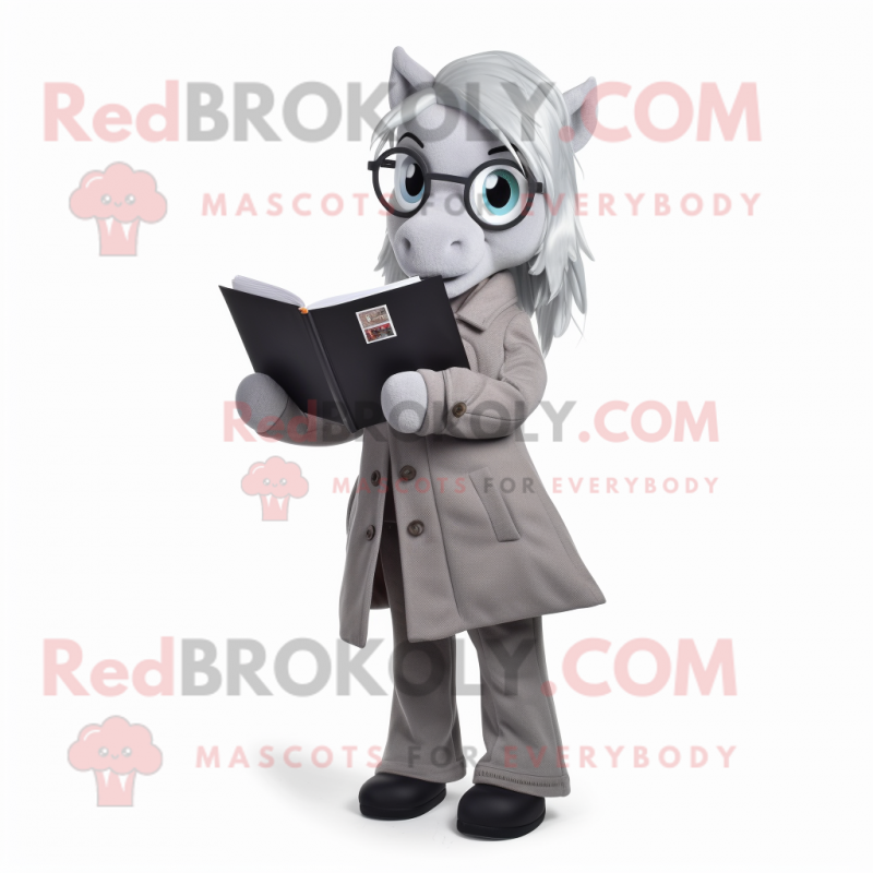 Gray Mare mascot costume character dressed with a Jacket and Reading glasses Gray Mare mascot costume character dressed with a Jacket and Reading glasses