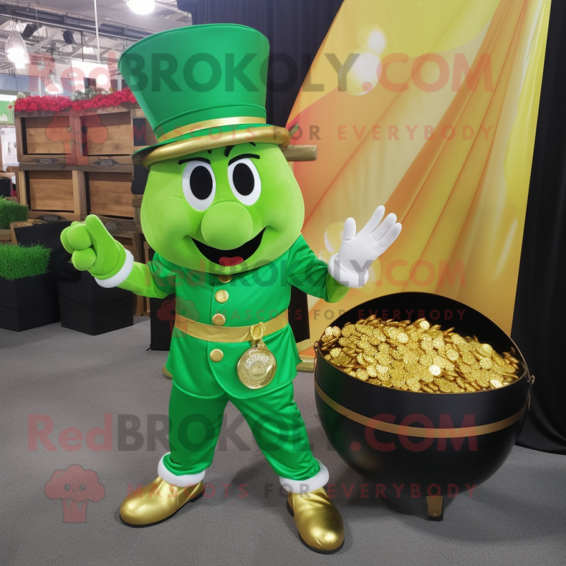 Lime Green Pot Of Gold mascot costume character dressed with a Cargo Pants and Lapel pins Lime Green Pot Of Gold mascot costume character dressed with a Cargo Pants and Lapel pins