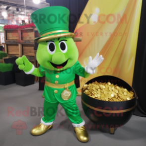 Lime Green Pot Of Gold mascot costume character dressed with a Cargo Pants and Lapel pins