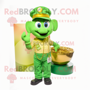 Lime Green Pot Of Gold mascot costume character dressed with a Cargo Pants and Lapel pins