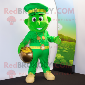Lime Green Pot Of Gold mascot costume character dressed with a Cargo Pants and Lapel pins