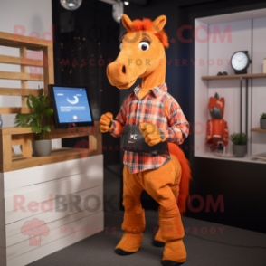 Orange Horse mascot costume character dressed with a Flannel Shirt and Smartwatches