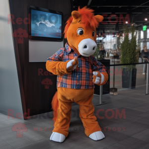 Orange Horse mascot costume character dressed with a Flannel Shirt and Smartwatches