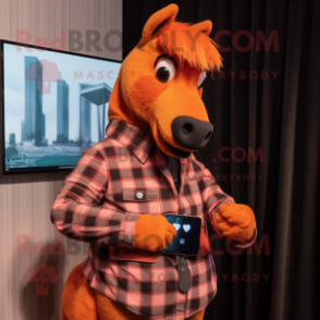 Orange Horse mascot costume character dressed with a Flannel Shirt and Smartwatches