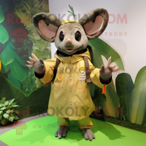Olive Bat mascot costume character dressed with a Raincoat and Mittens
